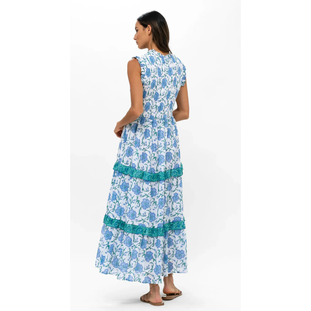 OLIPHANT Tuckernuck Poppy Blue Block Print Sleeveless Smocked Maxi Dress NEW S - Picture 4 of 12